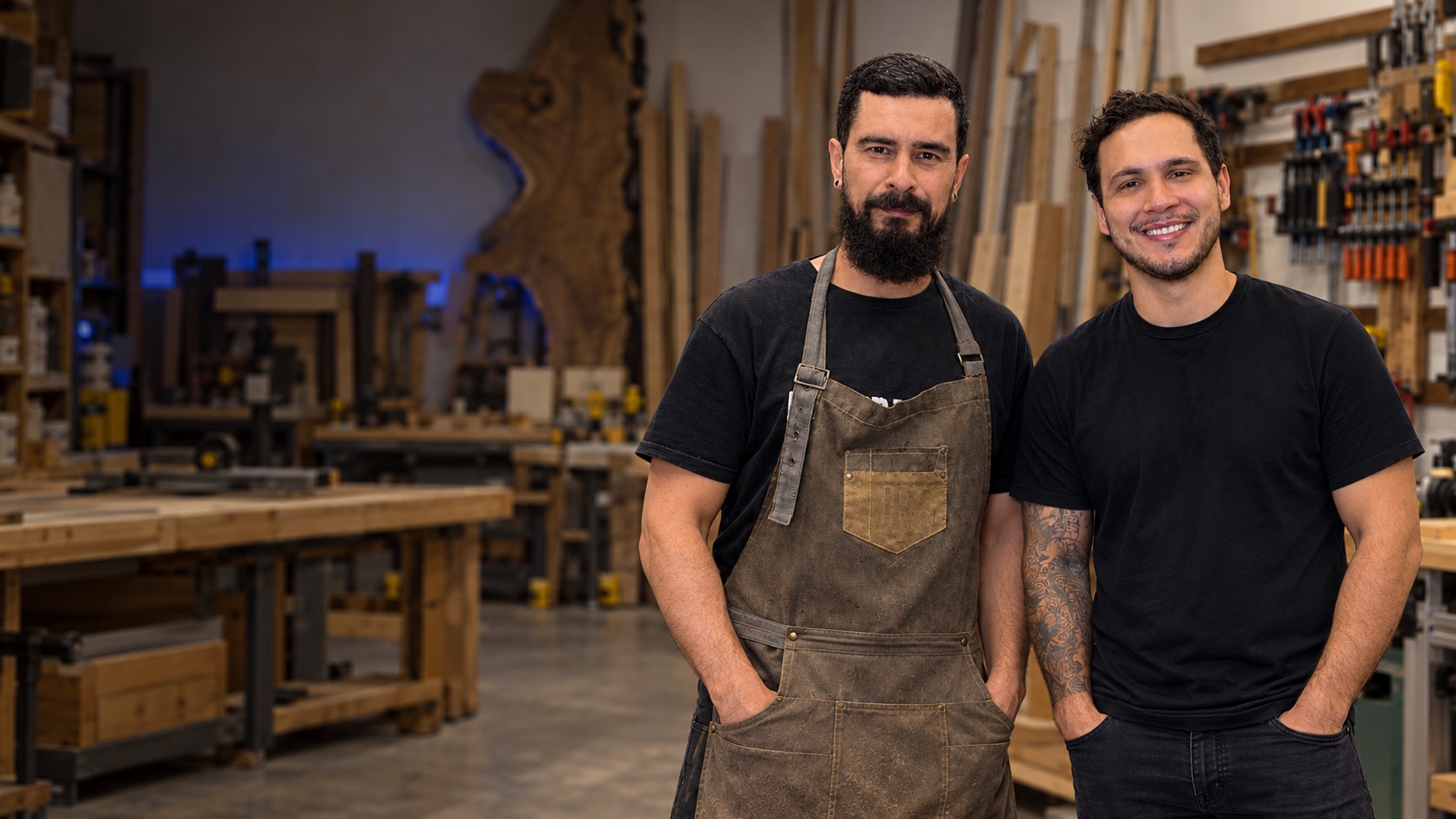 JP Wood e Alex Beuting juntos em uma oficina de marcenaria